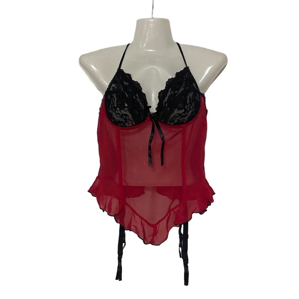 Sexy Vintage 90’s Red & Black Mesh Lace Corset Bustier Garter Straps Lingerie